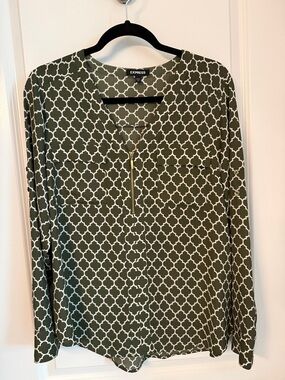 Express Olive Green and White Geometric Zip Blouse